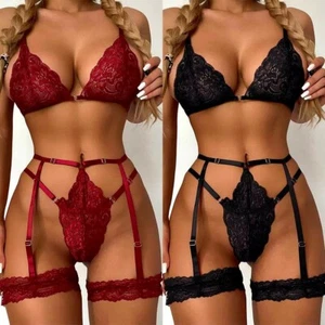 Lingerie Bra Thong With Garter Underwear Set Comfortable Lingerie Lace Nightwear - Picture 1 of 7