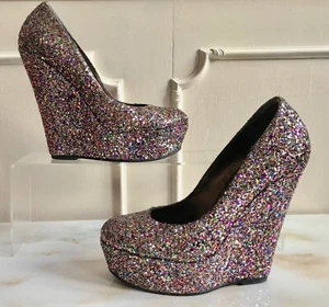 SCHUH Glitter Multicoloured Sparkle Platform Wedge Princess Party Shoes Size 4 - Picture 1 of 9