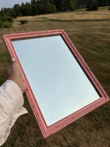 Vintage Painted Pink Framed Hanging Mirror Farmhouse Rustic Primitive 11x15" - Picture 1 of 9