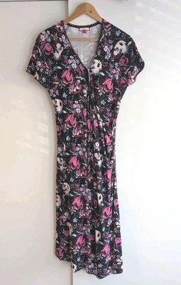 Joe Browns Black Pink Floral Wrap Midi Dress Lace Trim Size 18 Lined Stretch  - Image 1 of 4