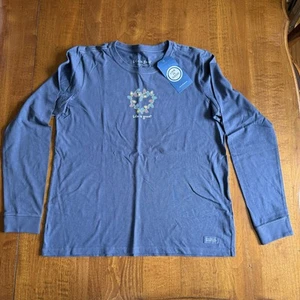 NWT Life Is Good Shirt Womens L Blue Christmas Lights Heart Cotton Long Sleeve - Picture 1 of 8