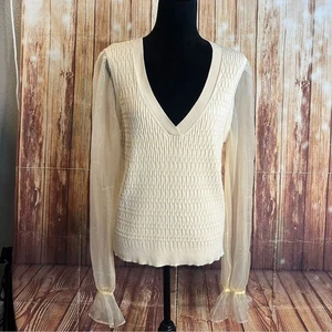 Blusa Top Pullover Maeve by Anthropologie Tejida Cuello en V Mangas Malla Transparente XL - Imagen 1 de 12