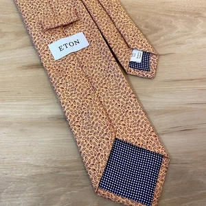 ETON Mens Silk Tie Orange Red Leaf Pattern Handmade in England - Picture 1 of 6