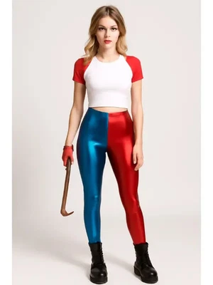 Harley Quinn Suicide Squad Harlequin Metallic Shiny Leggings Womens Ladies - Image 1 of 2
