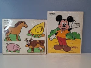 Vtg Wood Puzzle Lot Children's Playskool Mickey Mouse And Animals Lot Of 2 - Picture 1 of 5