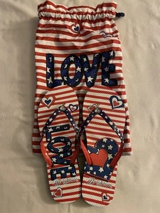 Infradito BRIGHTON Patriotic LOVE rosso/bianco/blu con borsa di seta cuore cristallo taglia 7 - Foto 1 di 6