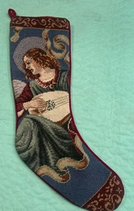Vintage Needlepoint Christmas Stocking Angel Playing Mandolin 19 Inches - Picture 1 of 12