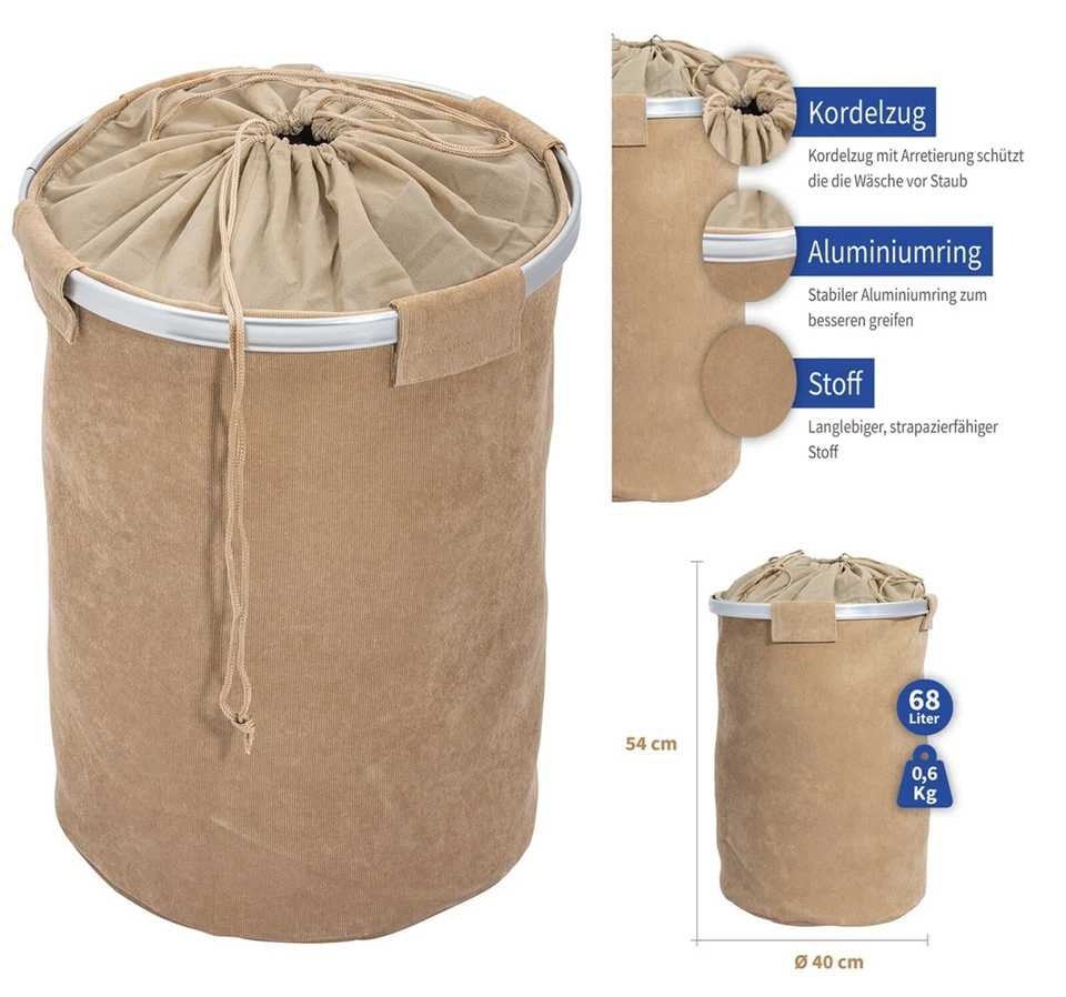 Wäschesammler Wäschekorb Wäschesack Beige Wäsche Box Rund Stoff Cord 68 Liter - Bild 1 von 4