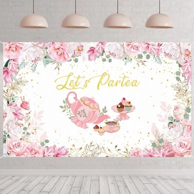 Telón de fondo Let's Partea rosa primavera fiesta de té feliz cumpleaños 6 x 3,6 pies Foto 1 de 4