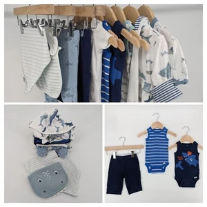LOT Baby Boy Clothes Outfits Tops Pants Robe Bibs SUMMER BUNDLE 0-3 Months SHARK - Picture 1 of 14