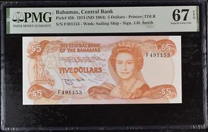 Bahamas 5 Dollar 1974 ND 1984 P 45 b Superb Gem UNC PMG 67 EPQ - Picture 1 of 3