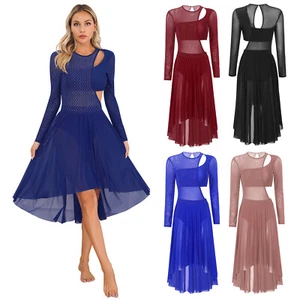 Damen Tanzkleidung asymmetrischer Saum Tanzkleid glänzend Kostüm Cutout Rock transparent - Bild 1 von 60