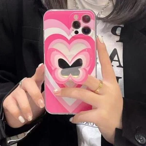 Apple iPhone 11 Retro Pink White Heart Butterfly Holder Stand Soft Clear Case - Picture 1 of 7