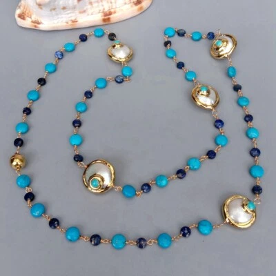 Collar Largo Cadena 35" Moneda Blanca Perla Azul Turquesa Lapislázuli Forma Moneda Foto 1 de 4