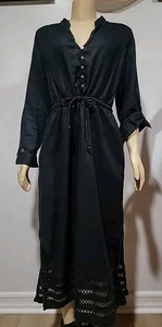 Black 100% Linen Tahari Boho Fairycore Crochet Trim Size L Dress #C - Picture 1 of 12