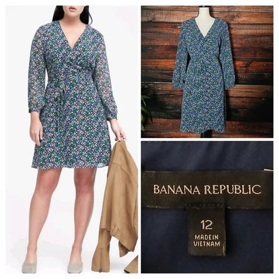 Banana Republic Dress Size 12 Belted Navy Floral Long Sleeve Lined Zip Back  - Image 1 of 4