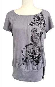Lavish Maternity Gray Top Black Floral Design Hip Cool Size L - Picture 1 of 7