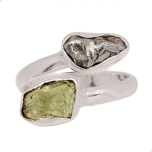 Natural Genuine Czech Moldavite & Meteorite 925 Silver Ring s.8 CR75149 - Picture 1 of 1