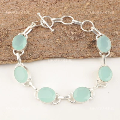 925 Argento Sterling Ovale Acqua Calcedonio Pietra Boho Alla Moda Mamma Catenina - Immagine 1 di 4