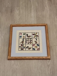 Country Counted Cross Stitch Linen Quilt Sampler with Geese Framed 12" X 12" - Picture 1 of 3