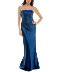 Emerald Sundae Juniors' Strapless Drape-Back Satin Gown - Navy - XL - Picture 1 of 6
