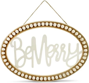 Targa Insegna Natalizia "Be Merry" Ovale in Legno di Perline da Appendere - Foto 1 di 8
