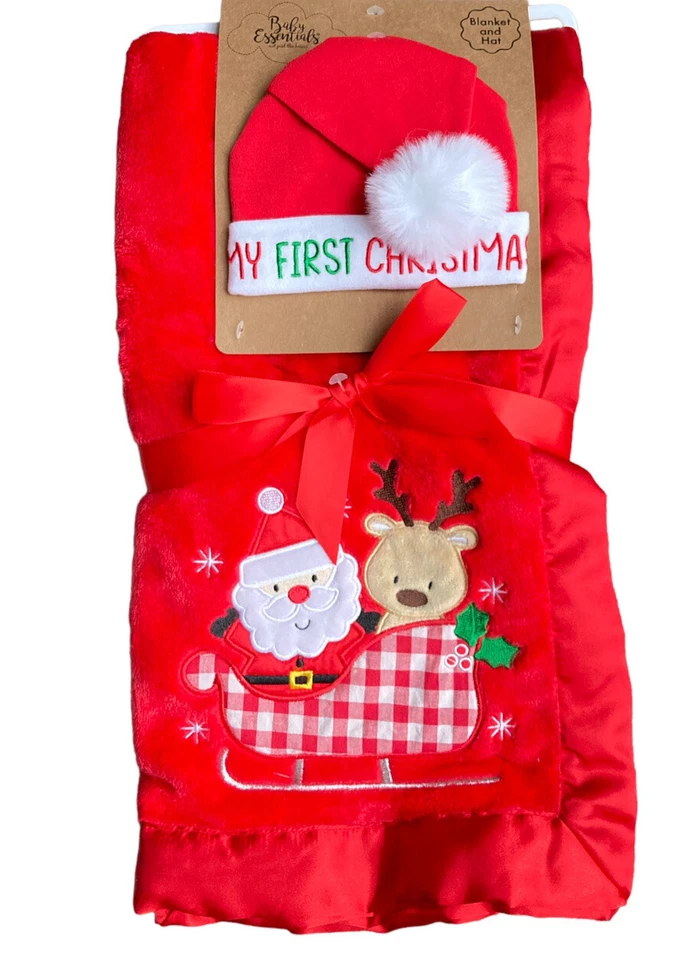 Baby's First Christmas Red Santa & Reindeer Baby Blanket and Santa Hat for Photo - Image 1 of 1