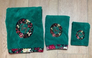 Set asciugamani da bagno natalizi verde vintage 3 pezzi ricamati applicati ghirlanda gioia - Foto 1 di 4