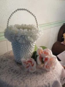 WEDDING FLOWER GIRL BASKET PEARL AND FLOWERS { 1 OF KIND} - Picture 1 of 5