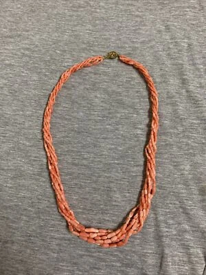 Vintage Twisted Multi Strand Pink Salmon Coral Beads 23” Necklace Silver Clasp - Image 1 of 4