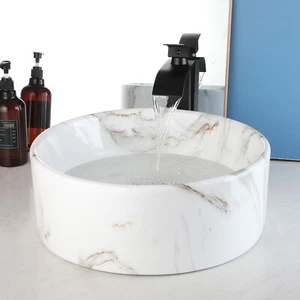 16" White Marble Bathroom Vessel Sink Round Ceramic Basin Bowl Black Faucet Tap - Picture 1 of 13