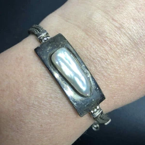 5290 Vintage patina Sterling 925 elongated Biwa pearl foxtail bracelet 19.4gr 8" - Picture 1 of 3