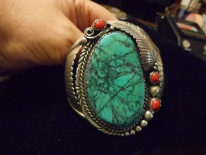 Vintage großes schweres Sterling Türkis & Koralle Armreif Armband 81gr "G" Marke - Bild 1 von 8