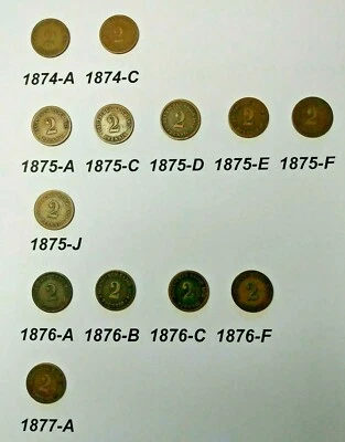 Bulk Lot of 13 different GERMANY 2 Pfennig coins 1874 to 1877  KM#2   lot # 1 - Image 1 of 4