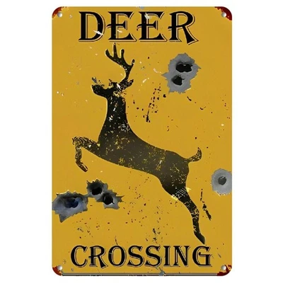Rustic Deer Crossing Vintage Yellow Caution Tin Metal Signs Home Décor 8x12  - Image 1 of 4