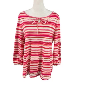 Talbots L Top Bindeband 3/4 Arm rosa/koralle/weiß Aquarell Streifen Baumwolle Moda - Bild 1 von 11
