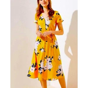 LOFT Bouquet Flutter Yellow Floral Button Down MIDI short sleeved Shirtdress - Picture 1 of 10