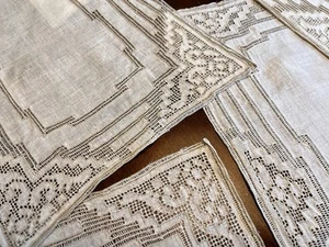 Beautiful Vintage Set of 8 Beige/Taupe Linen Placemats + 8 Napkins Cutwork - Picture 1 of 10