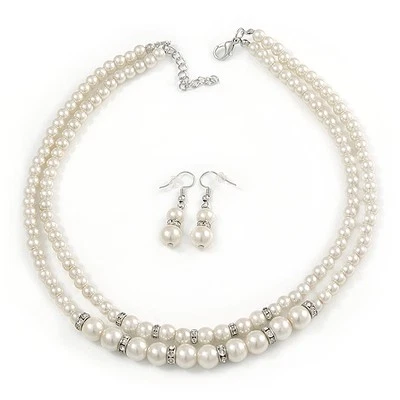 2 Strand White Faux Pearl Glass Bead Necklace and Drop Earrings Set - 45cm L/ - Image 1 of 4