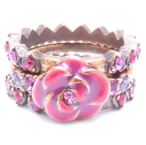 ANNA SUI Rose Gold Plated ring 3-piece set Rhinestones Flower Size 5.5 /293545 - Picture 1 of 6