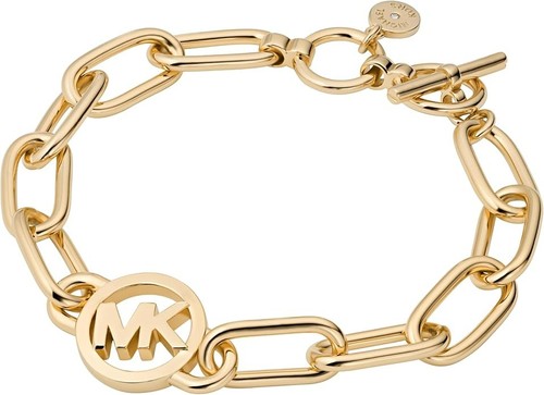 NUOVO BRACCIALE MICHAEL KORS TONO ORO CATENA MAGLIA CERCHIO LOGO MKJ7743