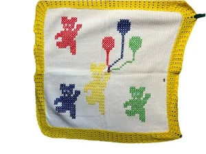 Vintage Rare Baby Crochet Blanket Cross Stitch Bear Balloons 38 X 40 Grannycore - Picture 1 of 3