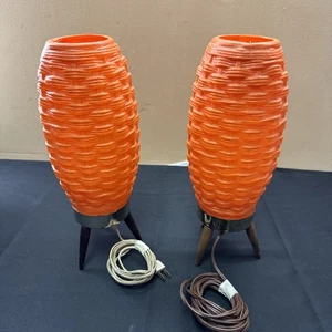 Authentic Pair of Mid Century Modern Orange Beehive Lamps, Basketweave, Spaceage - Picture 1 of 15