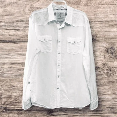 Guess Button Down Shirt Men's XL White Pearl Snap Button Western Long Sleeve - Image 1 of 4