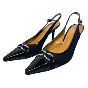 STUART WEITZMAN Sling Back Horsebit punta verniciata blu nero taglia 8,5 M tacco 2,5" - Foto 1 di 18