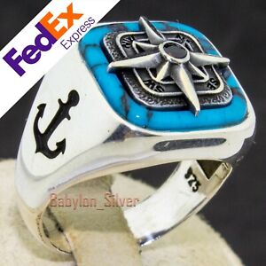 Compass 925 Sterling Silver Turkish Handmade Turquoise Men's Luxury Ring AllSize