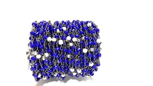 Lapis Pearl Hydro Faceted Rondelle Beaded Rosary Chain Black Plated bead Chain - Picture 1 of 3
