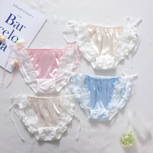 Women Lolita Girl Satin Lace Briefs Underwear Knickers Ruffles Sheer Sexy Tie - Picture 1 of 12