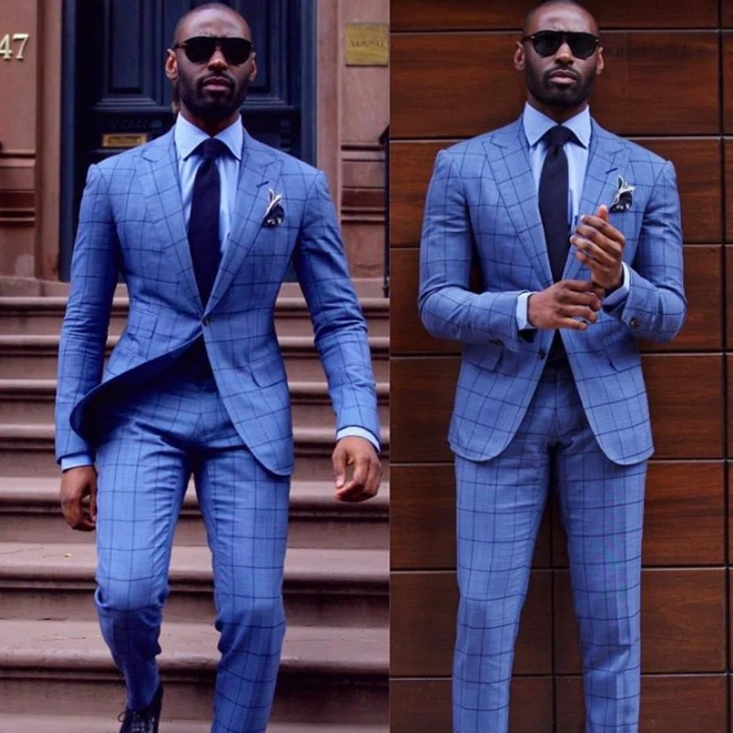 Terno masculino xadrez azul lapela pico formal negócios smoking blazer slim fit duas peças - Imagem 1 de 4