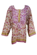 Women's FLORAL Embroidery Tunic Top Button Front Ethnic Silk Blend Blouse 2XL